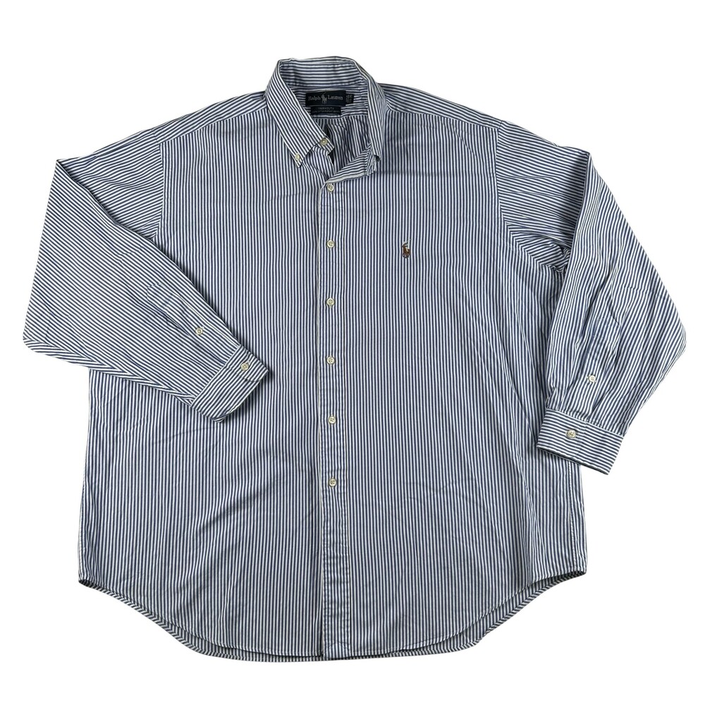 Ralph Lauren Dress Shirt Mens 17.5 34/35 Blue Stripe Yarmouth Oxford Long Sleeve